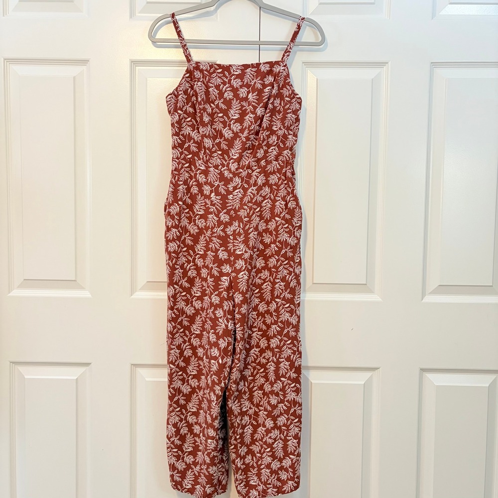 Old Navy Rust White Floral Leaf Smocked Wide Leg Jumpsuit Womens Medium